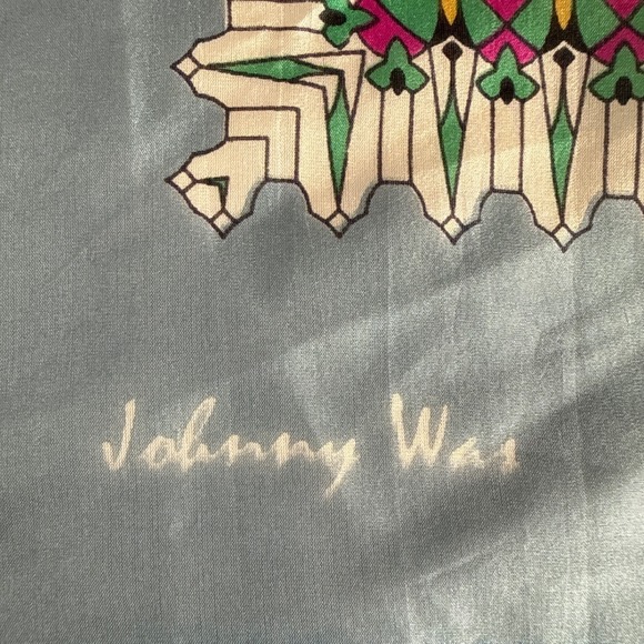 Johnny Was Silk Scarf Butterflies Floral Tropical Print Blue Green Tassels - Picture 8 of 9